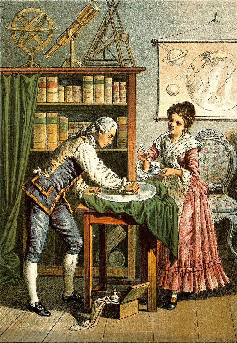 Sir William Herschel and Caroline Herschel. Colour lithograph by A. Diethe, ca. 1896. William polishing a telescope element, probably a mirror and Caroline Herschel adds lubricant./Wikipedia via the Wellcome Trust